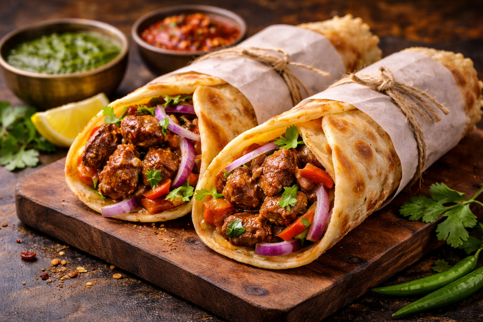 Mutton Kathi Rolls With Chutneys