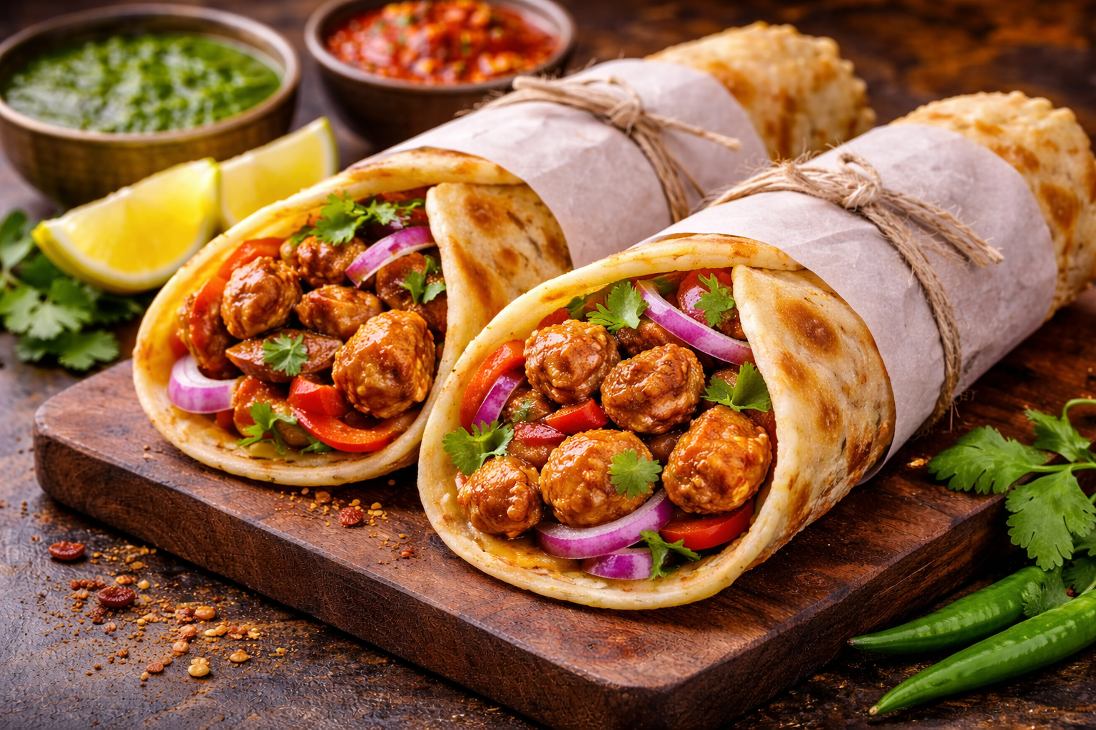 Chicken Kathi Roll with Chutneys